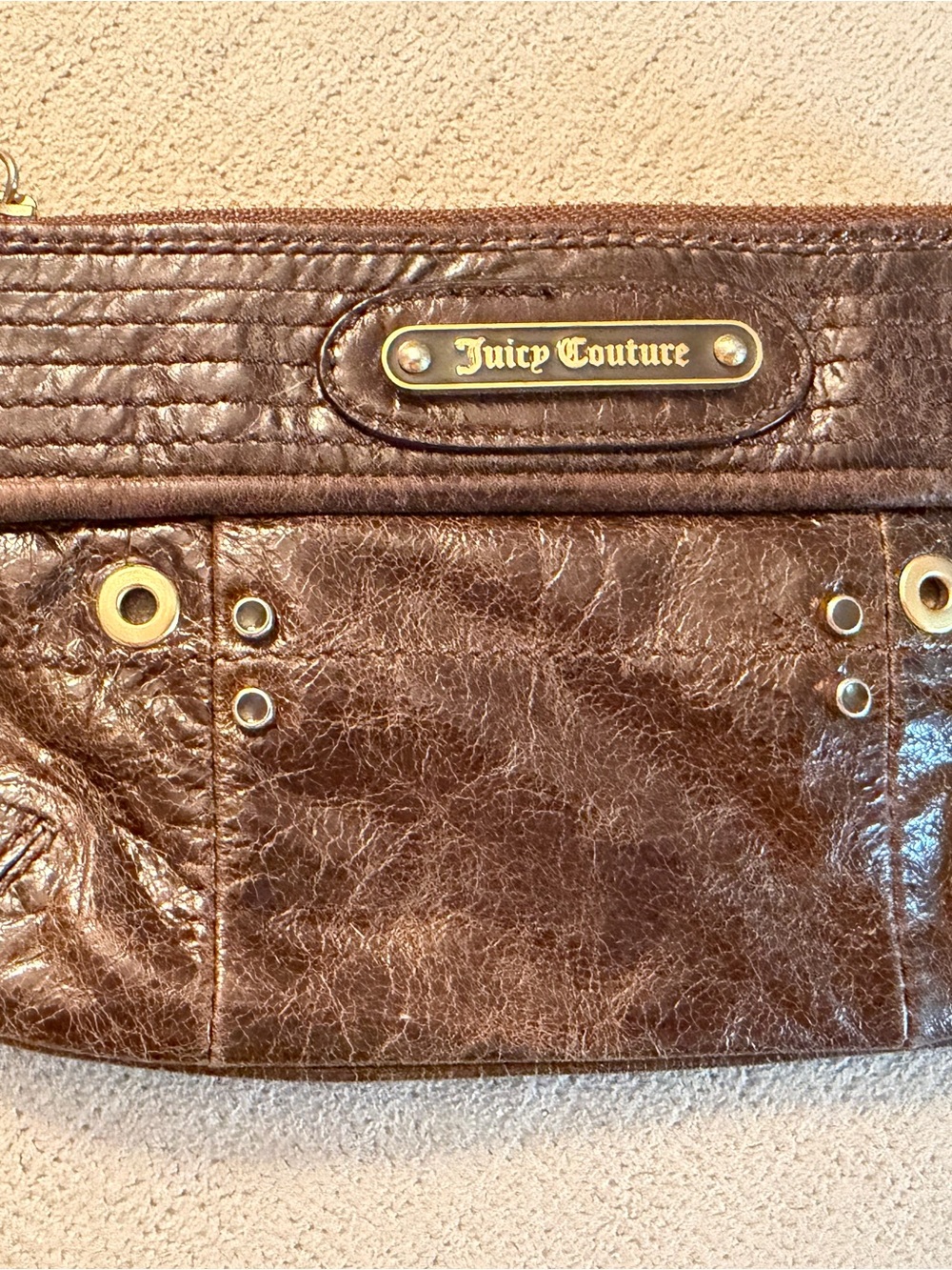 Juicy Couture Dark Brown Leather Wristlet with Gold Plaque